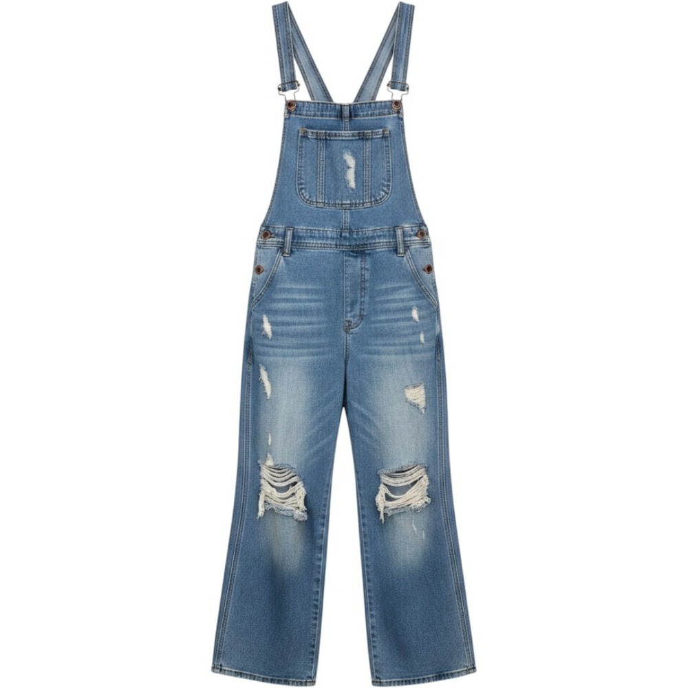 MADEPANTS Womens Distressed Wide Leg Denim Overalls Light Wash Cotton Size L